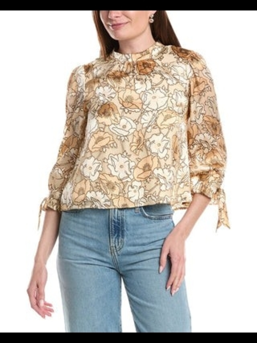 Women's Floral Tie-Sleeve Blouse L Beige Saltwater Luxe floral blouse Top